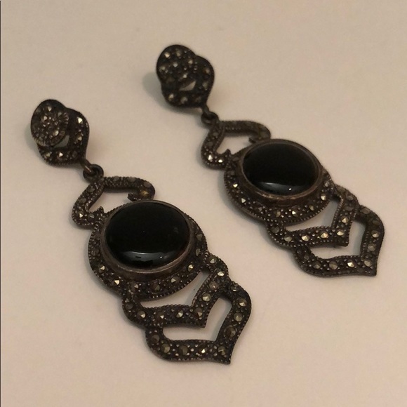 VINTAGE BLACK ONYX MARCASITE CHEVRON DANGLING - Picture 7 of 9